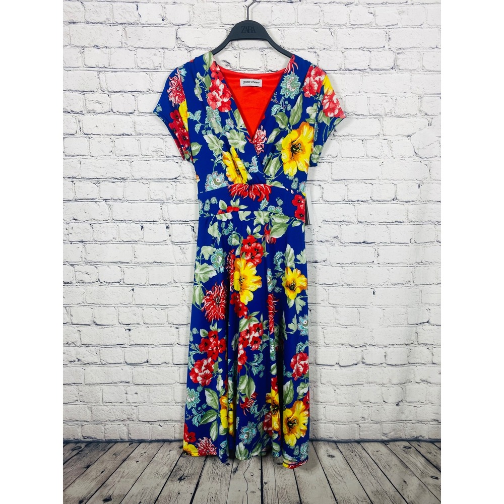 Shelby & Palmer Dress Womens Floral Faux Wrap Blue 8 Excellent Short Sleeve Midi